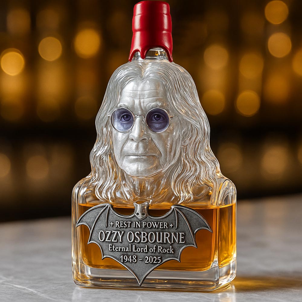 Ozzy Osbourne tribute bottle displayed on shelf with whisky
